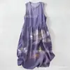 Vestido Casual de Algodão Puro com Estampa Digital Nova, Gola Redonda, Sem Mangas, Comprimento Médio, Para Mulheres, Verão na Praia
