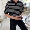 [Liquidação] Camisa Polo de Tricô Myq de Manga Curta Listrada para Homens, Estilo Coreano de Verão Solta Retrô Camada Base de Tricô de Meia-Manga