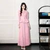 Moda Otoñal 2025 Transfronteriza Vestido de Encaje de Dos Piezas con Cintura de Perlas Pesadas para Adelgazar y Mangas Largas para Mujer