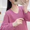 Camiseta Base de Tricô com Decote V Vazado para Mulheres, Manga Longa, Novo Estilo Primavera e Outono 2026, Roupa de Baixo Estilosa, Suéter Pulôver de Cor Sólida