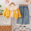 Primavera y Otoño 2025 Nueva Camisa de Encaje con Solapa Grande para Niñas Chaqueta para Bebé Niña Moda Pantalones de Pierna Ancha Conjunto de Tres Piezas