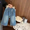 Jeans para Niñas Primavera y Otoño Nuevo Estilo Pantalones Anchos para Niños Bebé y Niño Pequeño Azul Lavado Cintura Elástica Casual Pantalones Cortos Modernos