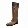 Botas de montar de cuero para mujer con bloques de color, botas largas de tubo alto, nuevo estilo otoño/invierno, cuero genuino, punta redonda, tacón medio, botas hasta la rodilla, botas de pierna recta