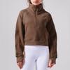 Moletom Feminino Melard Espesso com Forro de Fleece para Outono e Inverno, Manga Longa, Comprimento Curto, Gola Alta, Meia-Zipper, Blusa Esportiva