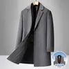 Casaco de lã masculino de comprimento médio, dupla face, jaqueta de lã espessa de inverno com forro de plumas removível, vestuário masculino casual de negócios