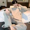 Pijama de Hombre Nuevo de Primavera y Otoño Transfronterizo de Manga Larga Cuello Redondo Holgado Estilo Coreano Talla Grande Ropa Deportiva Portátil para el Hogar Conjunto