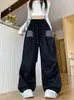 Em Estoque Retrô Americano Xadrez Patchwork Bolso Estilo Preguiçoso Outono/Inverno Cintura Alta Solto Caimento Largo Perna Larga Calça de Moletom Casual