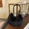 Bolso de Mano con Cuentas de Madera, Bolso de Peluche, Estilo Otoño e Invierno, Bolso de Imitación de Piel de Conejo Rex, Bolso de Hombro, Moderno, Elegante, Versátil Bolso Peludo