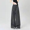 Pantalones de Pierna Ancha a Cuadros Retro para Mujer Verano Delgados de Cintura Alta Adelgazantes Cintura Elástica Casual Sueltos de Pierna Recta para Mujer A11349