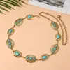 Cinto de metal estilo ins europeu e americano com design boêmio, cravejado com 3 pedras de turquesa verde, corrente para cintura feminina, disponível para atacado