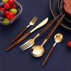 Vajilla de acero inoxidable transfronteriza, cuchillo, tenedor y cuchara, juego de cinco piezas principales, mango de clip con veta de madera, mango de madera de imitación, vajilla de estilo coreano, cuchillo y tenedor para carne.