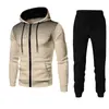 Nuevo conjunto deportivo con capucha de forro polar de color liso europeo y americano para otoño e invierno, sudadera y pantalón de chándal para hombre, casual, con puntos y cierre de cremallera