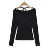 2561-25 Outono Novo Estilo Francês Puro Desejo Estilo Sexy Cruzado Decote V Halter Manga Longa Slim-Fit Malha Top