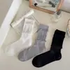 Meias Finas Femininas JK para Primavera e Verão, Estilo Sweet Lolita, Borda Franzida, Borda Dupla, Meias Pretas, Brancas e Cinzas de Cano Médio