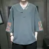 Camiseta Masculina de Verão Linho Estilo Chinês Bordada Manga Curta Cropped Tamanho Grande Solta Gola V Algodão Linho Manga Curta Masculino