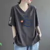 Comércio Exterior Transfronteiriço Roupas de Verão para Mães Estampadas Decote V Solto Tamanho Grande Casual Elegante Camiseta Feminina para Mulheres de Meia-Idade