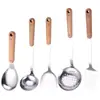 Espátula de acero inoxidable no magnética con mango de madera, cuchara sopera, pala aislante del calor para freír, utensilios de cocina para saltear, juego de cinco piezas
