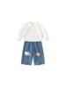 Conjunto de Roupas Infantis Youbao Primavera e Outono Camisa para Menina com Renda Gola Boneca Estampa Xadrez Coração Jeans para Meninas Conjunto de Duas Peças