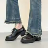 Versão em Couro Macio~Mocassins de Cadarço Estilo Britânico com Salto Grosso, Bico Redondo e Forro de Pelúcia, Sapatos Retro de Corte Justo que Combinam Bem com Saias