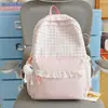 Mochila infantil com acabamento em renda estilo japonês, bolsa fofa de ombro duplo estilo faculdade ins, mochila xadrez de grande capacidade para estudantes do ensino fundamental