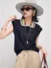 Camiseta de tricô chique e estilosa de alta qualidade com gola lapela e manga curta para mulheres, top de verão único, bonito, super elegante e que afina a silhueta