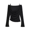 Camiseta de Manga Larga con Hombro Descubierto Estilo Puro Deseo, Camiseta Base Sexy y Moderna con Dobladillo Irregular Top Corto