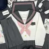 Uniforme Jk Original Estilo Japonês com Bordado de Flor de Cerejeira, Gola Cinza, Conjunto de Saia Curta de Cintura Alta com Listras