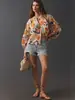 Camisa Floral Bohemia Popular Europea y Americana de Siete Mangas para Mujer, Cuello Mao Pequeño, Mangas Abullonadas Sueltas, Top Casual Ligero