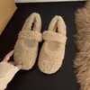 Zapatos de lana de cordero suaves, estilo hada, mullidos, con punta redonda, para exteriores, diseño de una correa, zapatos de algodón para mujer, cálidos para embarazadas, otoño e invierno