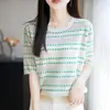 Camiseta de Manga Corta a Rayas de Color Contrastante Cuello Redondo Tejida Verano Nuevo Estilo Delgado Lyocell Estilo Coreano Top de Manga Corta Calado para Mujer
