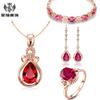 Pulsera de cristal rosa fresco Anillo abierto europeo y americano Gancho para la oreja con borla de rubí Juego de colgante de oro rosa con turmalina roja