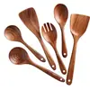 Espátula Pequeña de Madera de Acacia, Espátula de Madera para Sartén Antiadherente, Cuchara Sopera de Madera con Mango Largo, Cuchara Pequeña de Madera para Arroz, Juego de Espumadera para Fideos de Madera de Teca