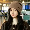 Gorro casual com barra dobrada e cordão para mulheres, outono e inverno, chapéu de tricô que afina o rosto, gorro liso de cor sólida para proteção das orelhas em clima frio