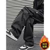 Macacão de rua americano masculino moda outono e inverno marca calças funcionais para atividades ao ar livre forrado com fleece espessado casual calças compridas