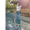 Saia jeans de cintura alta com fenda para mulheres, novo estilo verão 2026 em linha A, adequada para figuras baixinhas com corpo tipo pera, saia longa