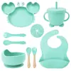 Juego de Alimentación para Bebé de Silicona de Grado Alimenticio de 9 Piezas, Plato con Ventosa de Cangrejo, Vaso Entrenador de Oso, Babero Impermeable, Kit Completo de Vajilla para Niños Pequeños Libre de BPA para Comer Solo
