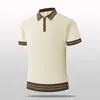 Camisa Polo color block de manga curta estilo luxo leve para homens, top de tricô patchwork, camisa polo respirável