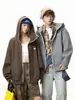 Sudadera con capucha de lana de color contrastante con cremallera Otoño Retro Americano Holgada Chaqueta Gruesa Pesada para Pareja Q