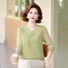 Nueva moda de otoño para madres de mediana edad: elegante camiseta de cuello en V con pedrería, top de manga larga para mujeres de mediana edad y mayores