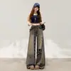 Jeans Rasgados Retro Americanos Desgastados para Mujer, Nuevo Diseño Otoño 2026, Pantalones de Pierna Ancha con Solapa a Cuadros