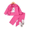 Conjunto de duas peças para bebê menina: jaqueta cardigã rosa claro texturizada de gola curta & calça longa reta com fenda & peças lisas simples para meninas