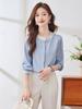 Camisa de Gasa de Manga Larga Azul Francés para Mujer en Primavera y Otoño, Lujo Ligero, Alta Gama, Rejuvenecedora, Camisa Estilo Occidental, Top Casual