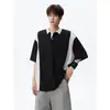 Camiseta Retrô Color Block de Manga Curta para Homens, Camisa Polo de Seda de Gelo Fina de Manga Meia-Manga para o Verão, Camiseta Jovem Plus Size de Manga Três Quartos