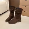 Botas Femininas 2026 Coleção Outono Nova: botas de tornozelo estilo cowboy, com salto grosso, camurça, plissadas, botas retrô de cano justo e botas com salto plataforma