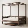 Cama con Marco de Nogal Negro Estilo Canción Villa Lujo Ligero Cama con Dosel Doble Estilo Mediados de Siglo Cama Escalonada