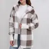 Nuevo Abrigo de Felpa a Cuadros de Alta Gama Estilo Coreano de Longitud Media para Otoño e Invierno para Mujer, Cálido, con Capucha, Holgado