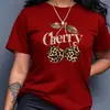 Camiseta Casual de Manga Corta para Mujer Talla Europea - Estampado de Leopardo Patrón de Cerezas con Letras Brillantes Cuello Redondo Top de Manga Corta para Mujer
