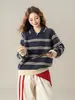 Suéter a rayas con cuello tipo polo estilo coreano para mujer, otoño e invierno, corte holgado, media cremallera, suave y cómodo, top de punto juvenil