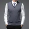 Chaleco de lana de punto de cuello en V para hombre, otoño e invierno, color liso, 100% lana, adecuado para padres de mediana edad y mayores