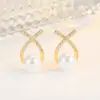 Pendientes de Perla con Letra X de Diamante Elegante Estilo Coreano para Mujer Pendientes Largos de Perla Oro de 18 Quilates Joyería de Lujo Ligero de Alta Gama